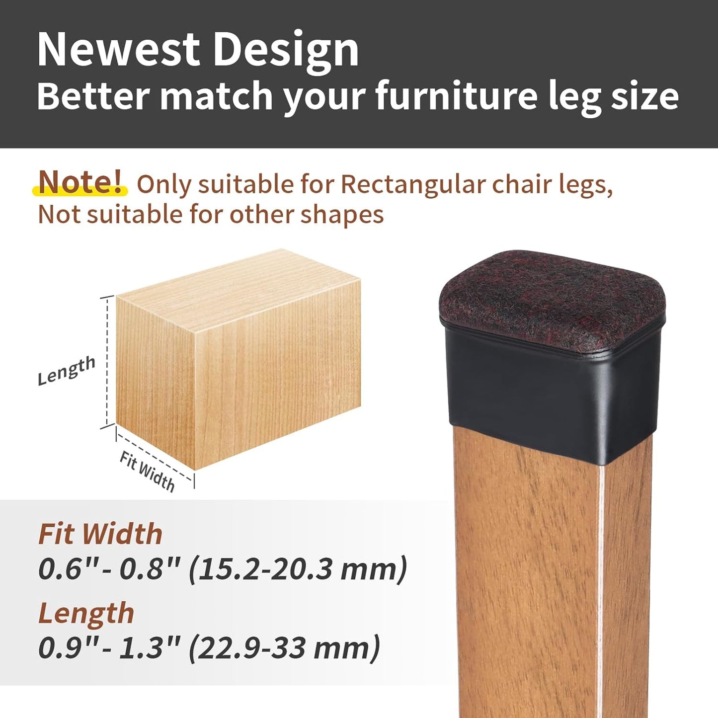 Ezprotekt 24 Pcs Rectangle Felt Chair Leg Floor Protectors for Hardwood Floors, Rectangle Silicone Furniture Pads Caps Covers for Chair Desk Table (Fit W :0.6-0.8", L: 0.9-1.3", Black)