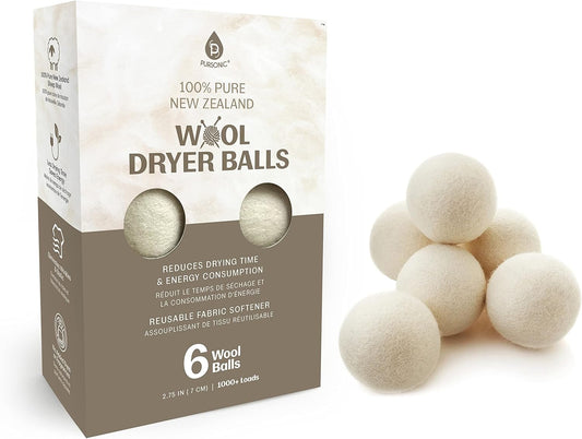Pursonic Laundry Wool Dryer Balls – Reusable Dryer Balls Made from 100% Pure New Zealand Wool – Natural Fabric Softener Balls - Saves Drying Time/Energy Consumption (Pack of 6)