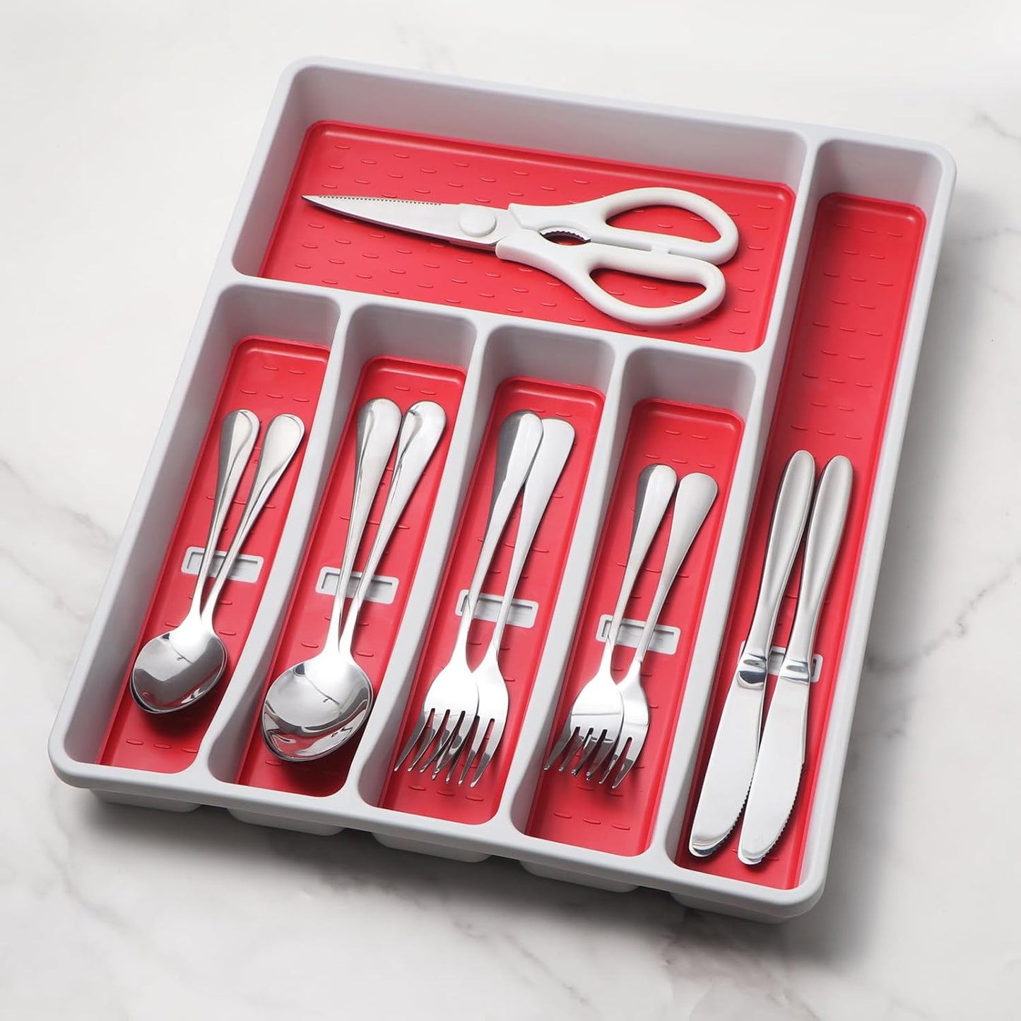 Silverware Organizer with Cutlery Icons，Silverware Tray for Kitchen Drawer，Plastic Flatware Tableware Cultery Drawer Organizer Utensil Organizer with Non-slip TPR Linings，6-Compartment