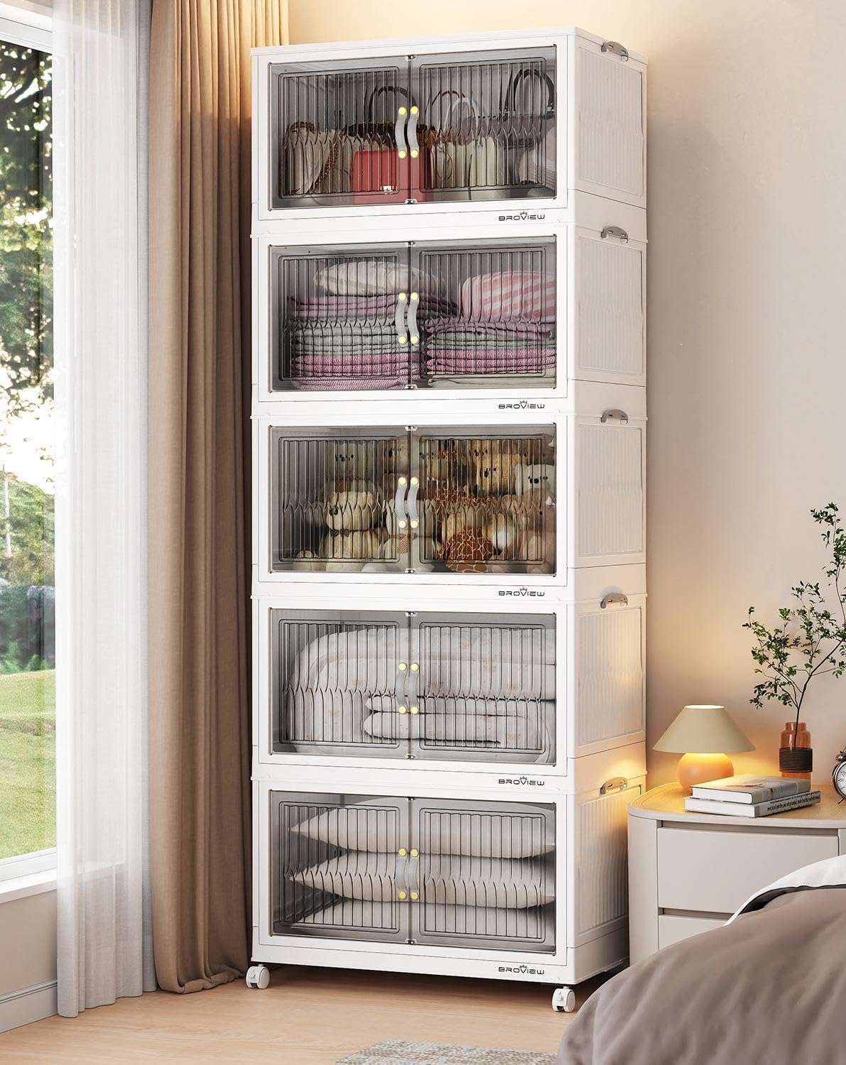 BROVIEW 400Qt Stackable Storage Bins with Lid, Extra Large Closet Organizer Collapsible Drawer Boxes with Wheels, Folding Plastic Cabinet Containers for Home Kitchen Room Organization, 5Pack White