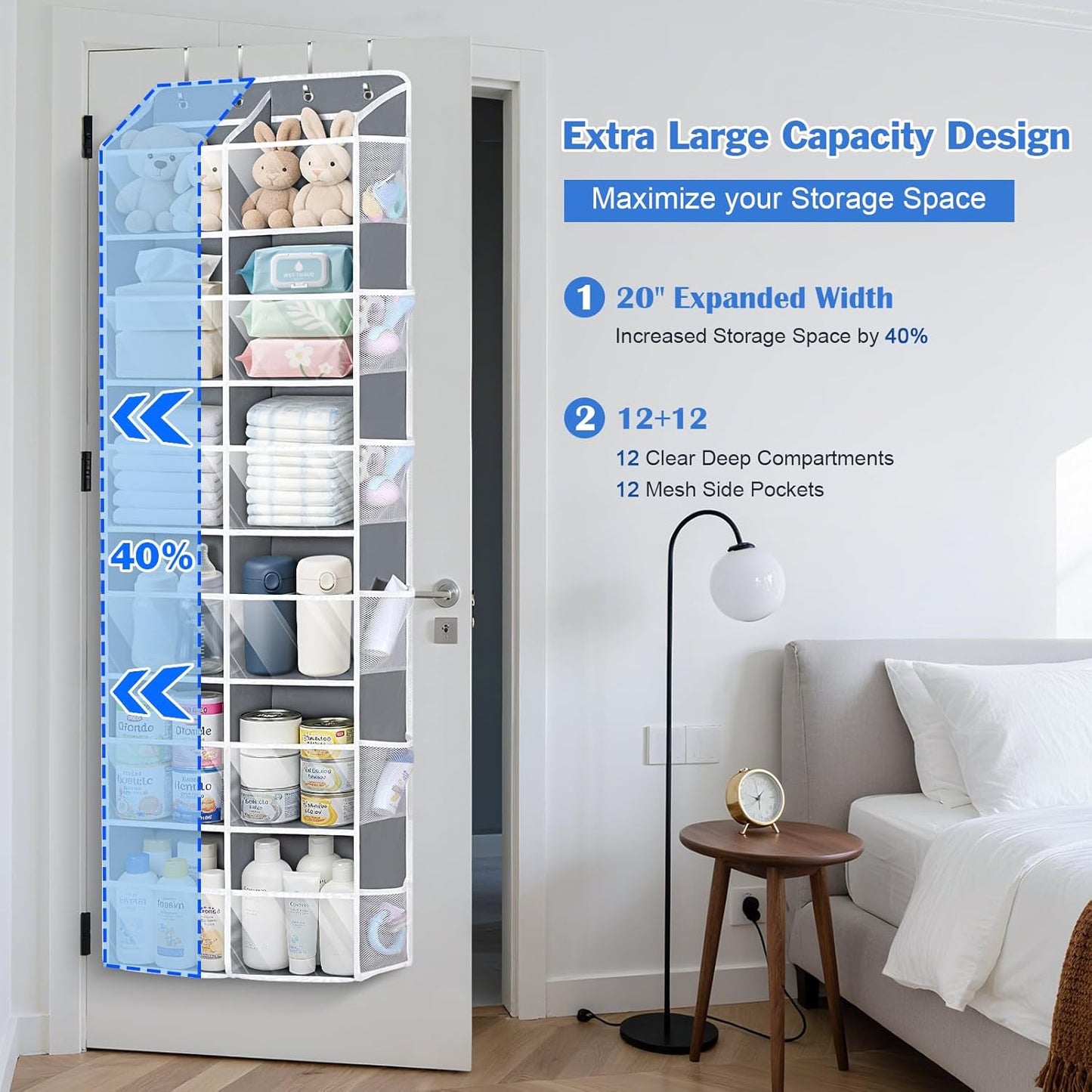 Univivi Over the Door Organizer 6 Tiers, Extra Large Door Hanging Organizer with Clear Deep Pockets Over the Door Storage for Closet, Bedroom, Nursery, Bathroom and Pantry (Grey)