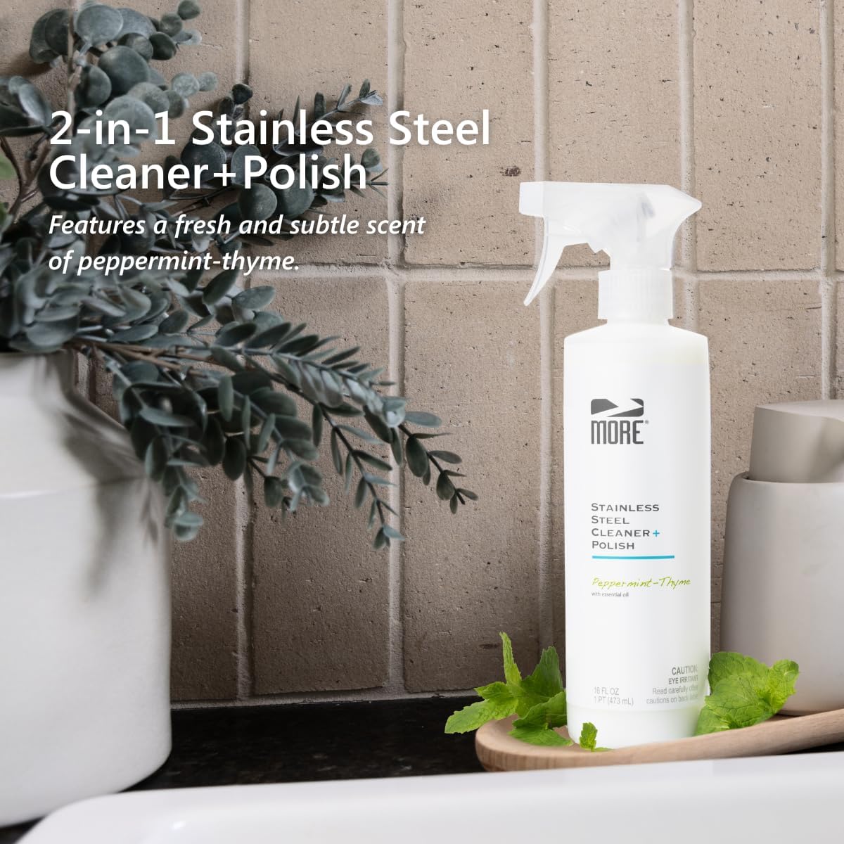 MORE - Stainless Steel Cleaner & Polish Spray + Microfiber Cloth - Stainless Steel Cleaner for Appliances, Sink, Fridge & Grill - Water-Based Streak-Free Formula - Peppermint Essential Oil Scent 16 oz