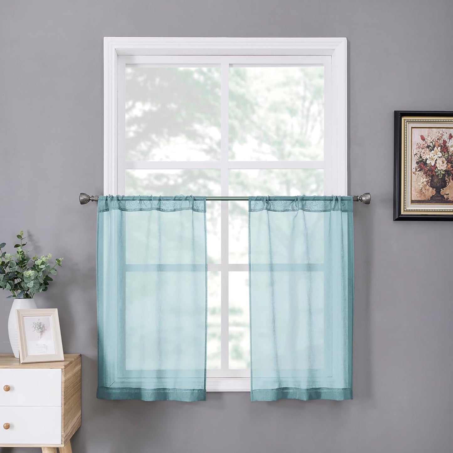 Tollpiz Sheer Tier Curtain Linen Textured Half Kitchen Curtains Sheer Light Filtering Rod Pocket Voile Small Curtains for Bathroom, 25 x 36 inches Long, Dusty Blue, Set of 2 Panels