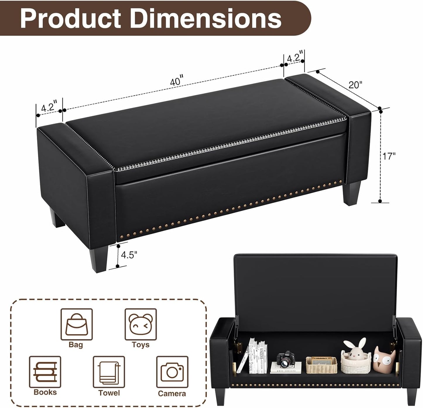 48.8" Storage Ottoman Bench Black | Faux Leather Bedroom Bench with Lift Top for Living Room & Bed End