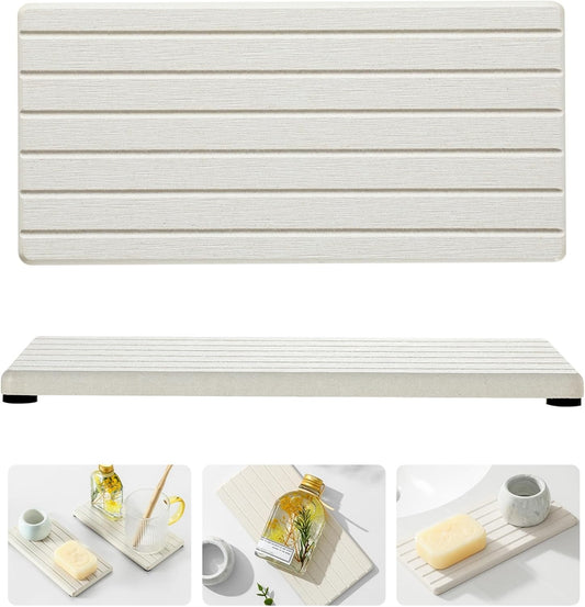 2 Pack Greige Bathroom Sink Vanity Trays, Diatomite Stone Kitchen Counter Caddy Dish Soap Dispenser Sponge Holder, Water Absorbing Mat Organizer for Plant,Cosmetic Bottle, Beige, 8"x3.8"