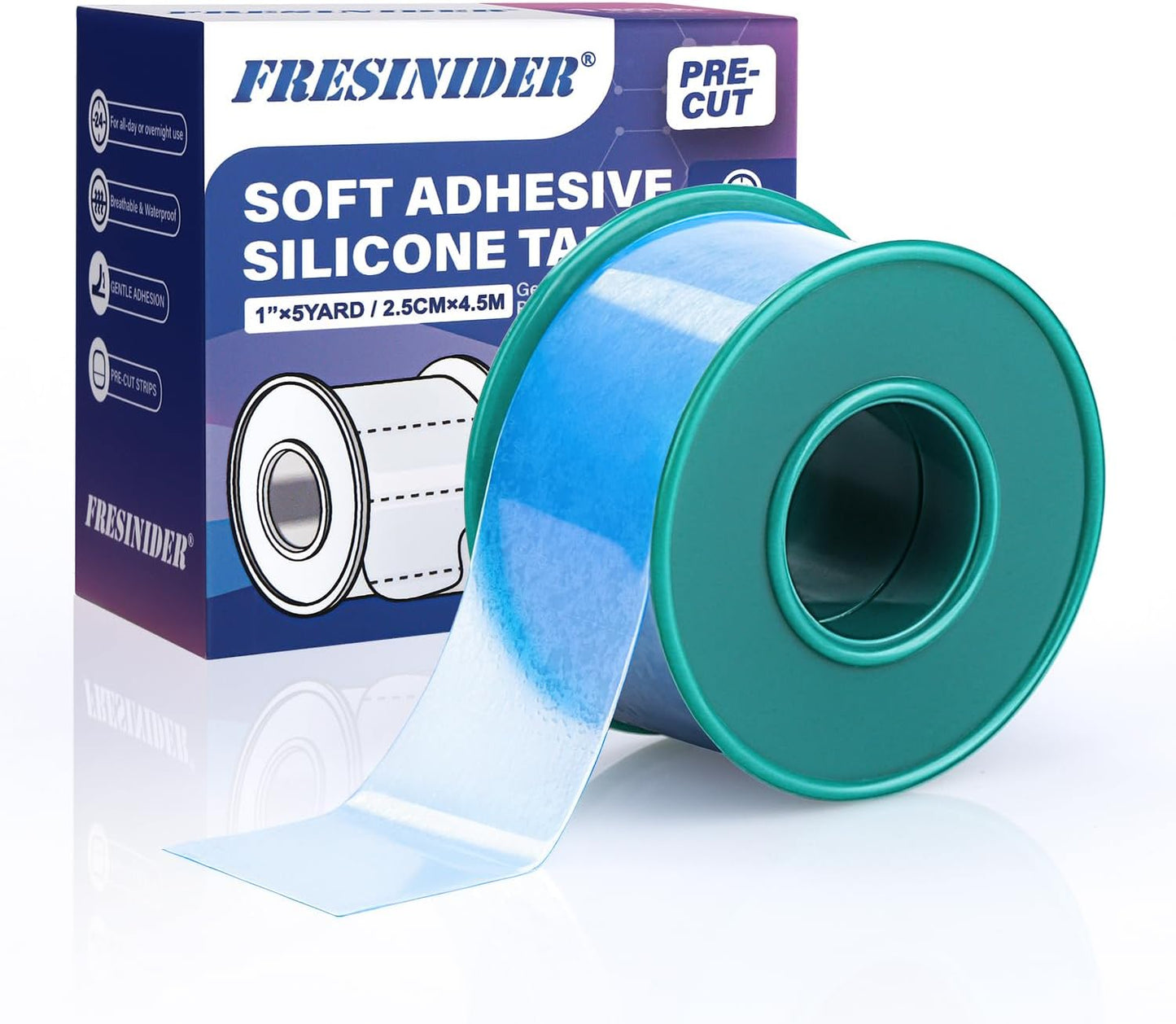 FRESINIDER Silicone Medical Tape – 1" x 5 Yard Blue 1 Roll, Pre-Cut, Waterproof & Repositionable, Pain-Free Removal, Hypoallergenic Adhesive for Sensitive Skin, Wound Care & First Aid Use