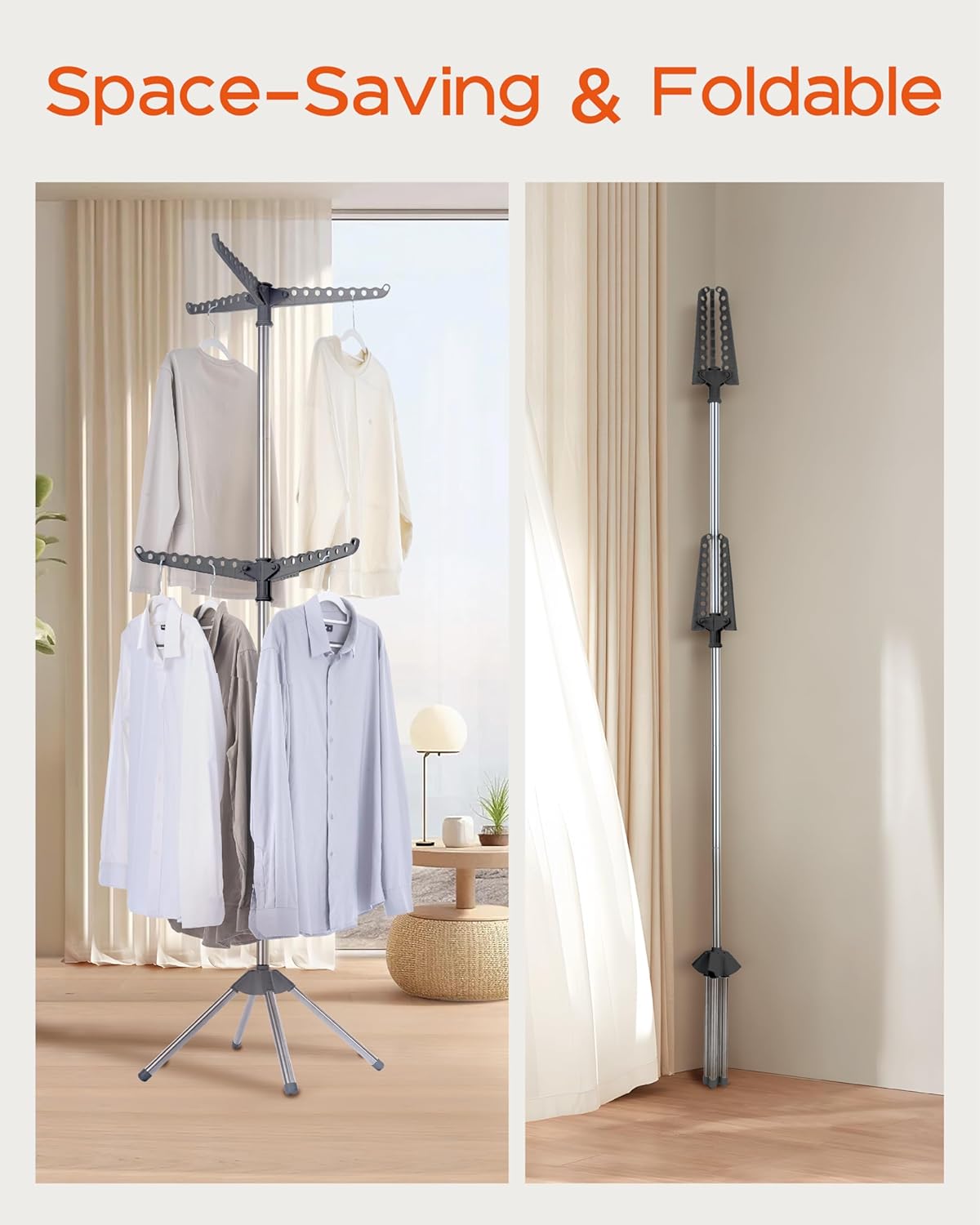 Clothes Drying Rack Foldable, 74.8 inch 2 Tier Laundry Drying Rack with Rotating Clothes Rail for 54 Pieces of Clothes, Space Saving, Indoor, Stainless Steel, Grey and Silver CDR002G01