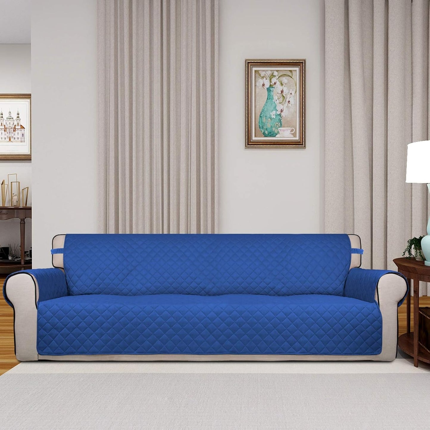 PureFit Reversible Quilted Sofa Cover, Water Resistant Slipcover Furniture Protector, Washable Couch Cover with Non Slip and Elastic Straps for Kids, Dogs, Pets (XX Large, Classic Blue/Ivory)