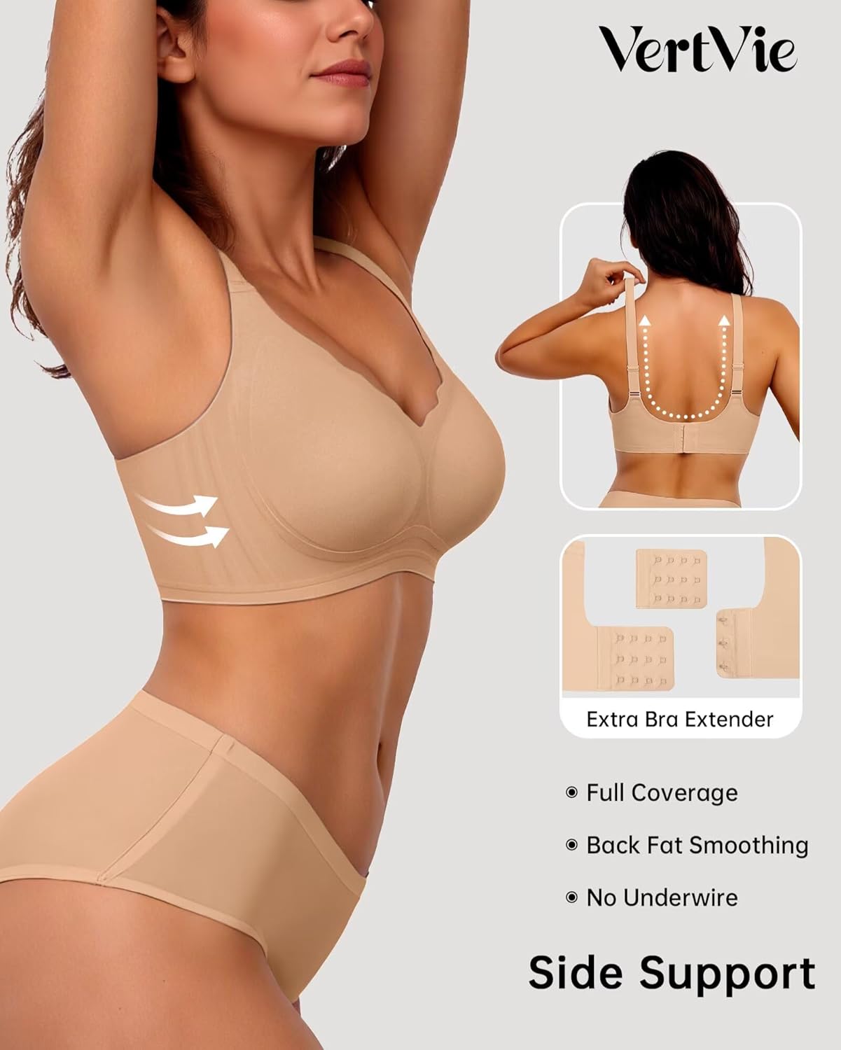 Vertvie Womens Seamless Bras No Underwire Supportive Wireless Push Up Full Coverage Bralette Comfort Scalloped T-Shirt Bra