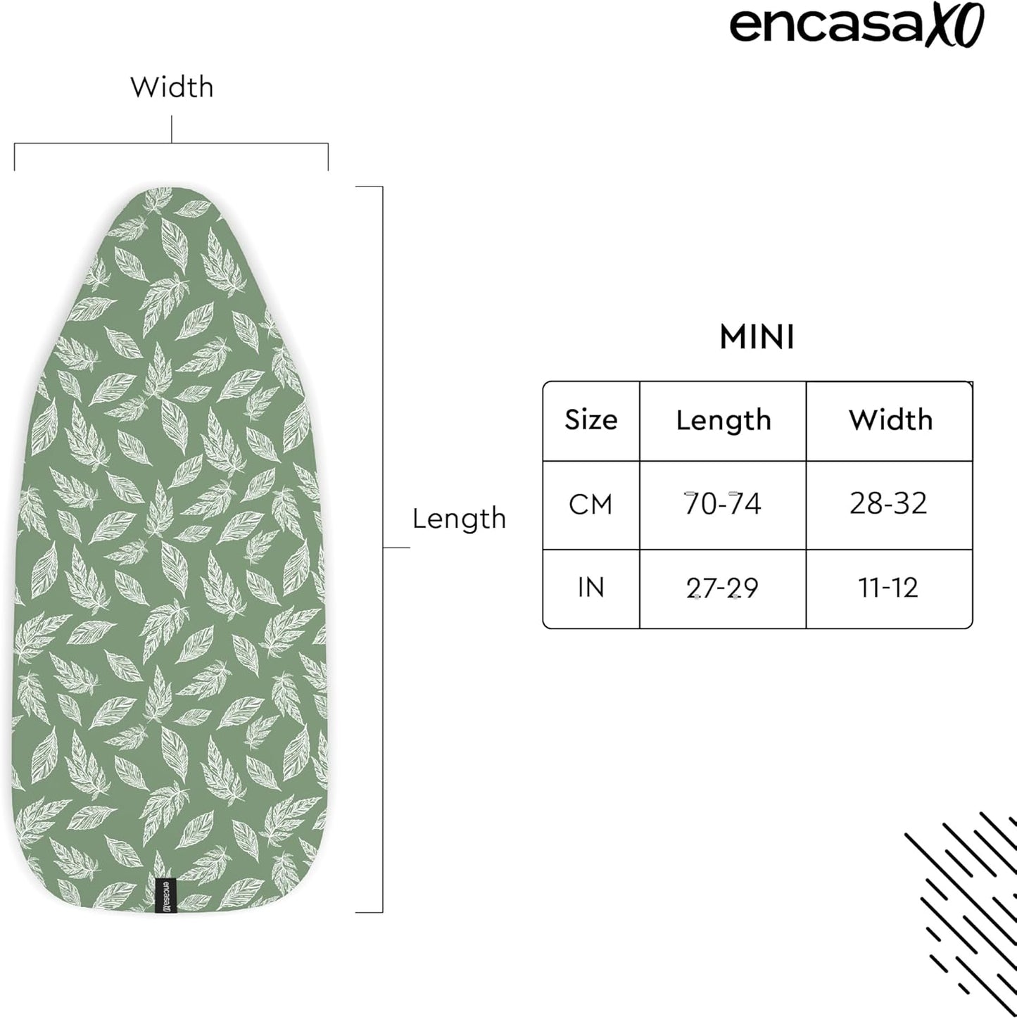 Encasa XO Ironing Board Cover and Pad 28"x12" - Thick 3mm Felt Padding, Drawstring Tightening & Lock, Easy Fit, Scorch & Stain Resistant, Fits Mini Ironing Board - Big Leaves Green