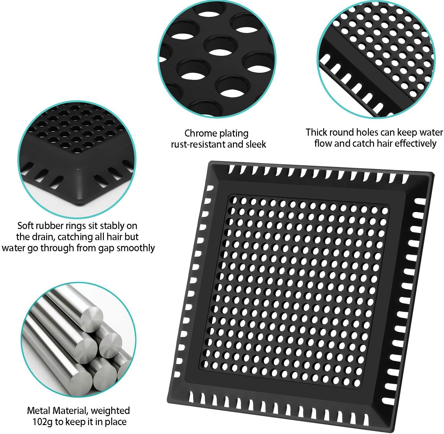 Drain Hair Catcher/Drain Strainer/Square Shower Drain Cover for Bathroom Floor Drain, Stainless Steel and Silicone Hair Stopper (Patented Product)