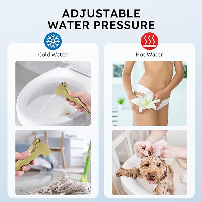 Arofa Warm Water Bidet Sprayer for Toilet with Hot and Cold Rough-in Valve, Hands-Free Handheld Jet Spray with Adjustable Water Flow, Square Toilet Sprayer with Bidet Hose for Feminine Wash, Gold