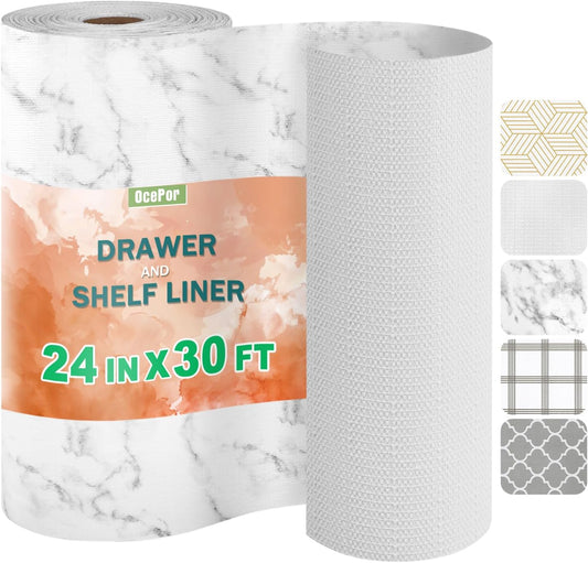 OcePor Non-Adhesive Drawer and Shelf Liner 24IN x 30FT，Non Slip Cabinet and Cupboard Liner, Kitchen Cabinet Liners for Shelves, Waterproof Drawer Shelf Liners for Cabinets/Bathroom Cupboard, Marble