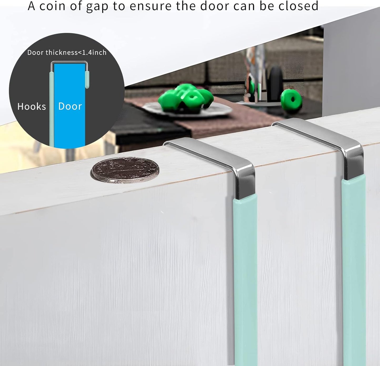 FYY Over The Door Hooks, 4 Pack Door Hangers Hooks with Rubber Prevent Scratches Heavy Duty Organizer Hooks for Living Room, Bathroom, Bedroom Hanging Clothes, Towels, Hats, Coats, Bags Green