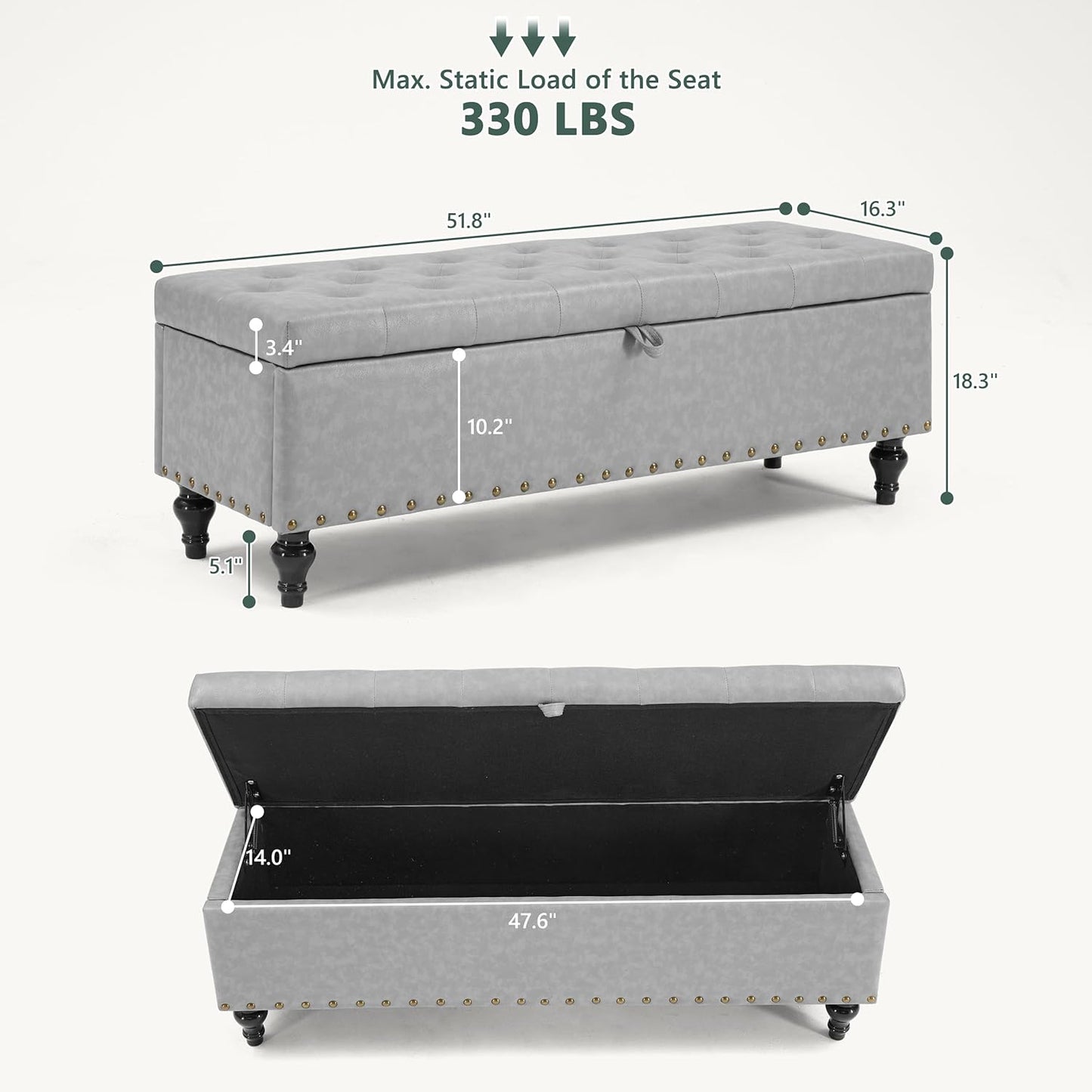 51.8’’ Storage Ottoman Bench, Faux Leather Ottoman with Storages, Window Benches Holds up to 330lbs, Upholstered Storage Bench for Bedroom, Living Room, Entryway and Family Room, Light Gray