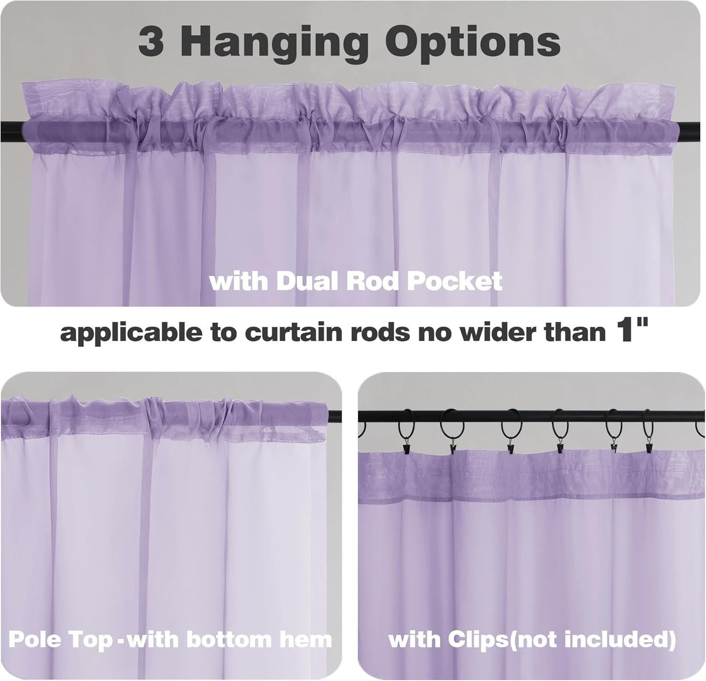 Chyhomenyc Sheer Lilac Tier Curtains 24 Inch Length, Small Window Curtains Treatment for Bathroom Living Room Basement, Short Rod Pocket Cafe Curtain, 42W x 24L Inches, 2 Panels