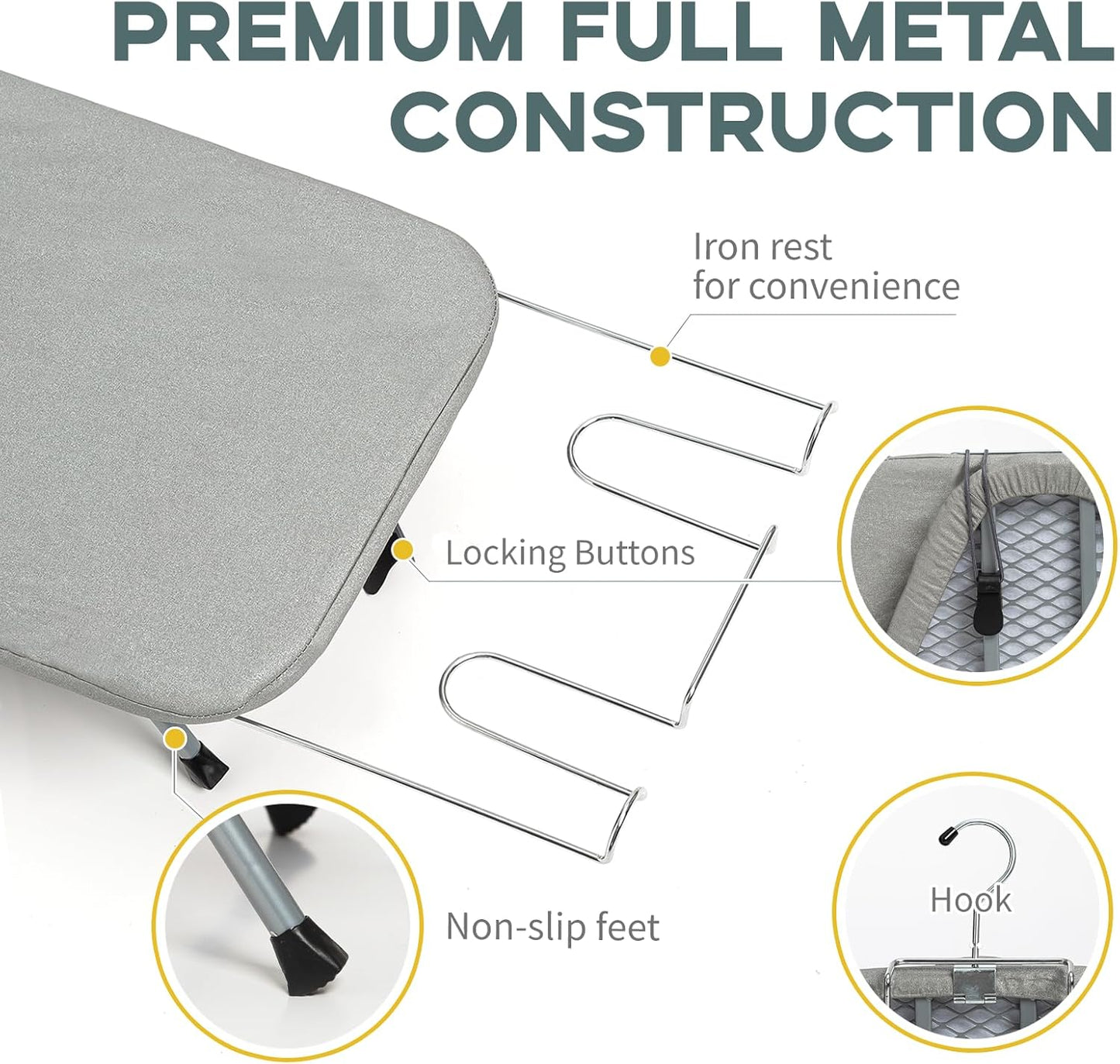 Metal Foldable Tabletop Ironing Board with Iron Rest, Portable Ironing Board Small with Heat Resistant Cotton Cover, RAINHOL Mini Iron Board for Small Space and Travel, 31"x12", Gray