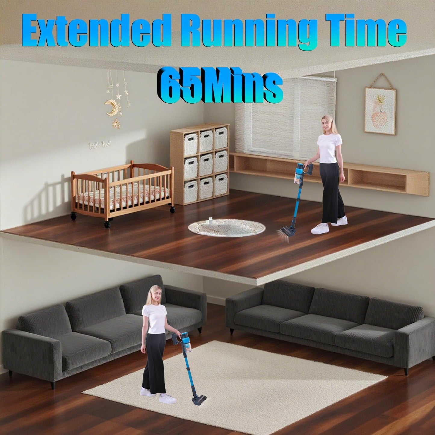 Cordless Vacuum Cleaner, 250W/38kPa/65Mins-8-in-1 Stick Vacuum Cleaners for Home Rechargeable for Pet Hair/Rugs/Hard Floors| 1.2L Dustbin, Anti-Tangle | Self-Standing, Ideal for Car, Apartment