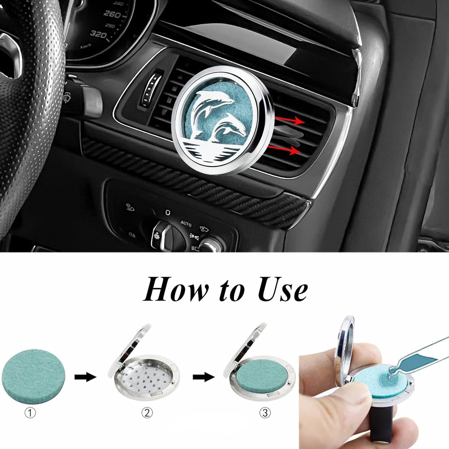 30mm Car Essential Oil Diffuser Vent Clip Air Freshener Vent Clips Aromatherapy with 10 Felt Pads Car Accessories Mother's Day for Women (Dolphin)
