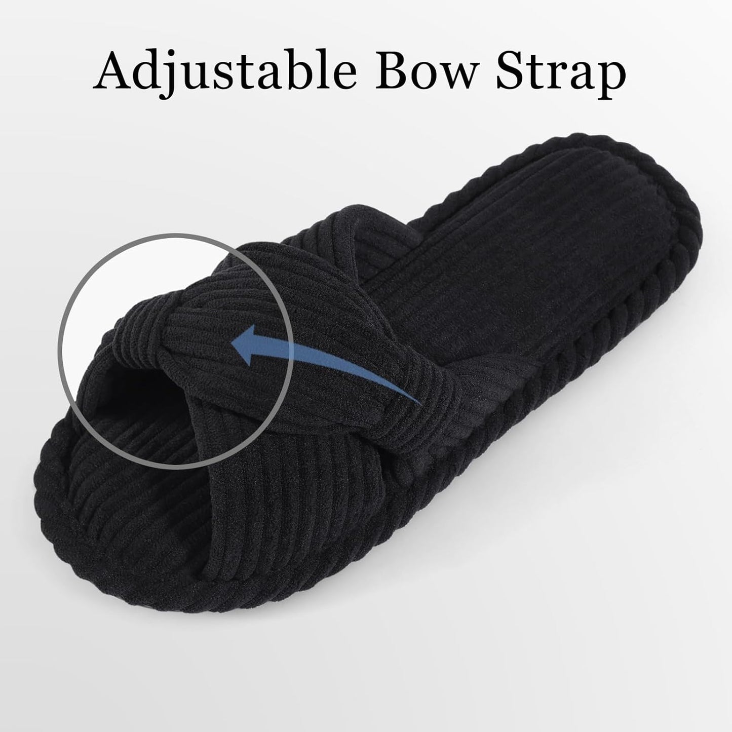 Evshine Summer House Slippers for Women Corduroy Cross Bow Indoor Slippers Open Toe Slip On Bedroom Shoes with Memory Foam