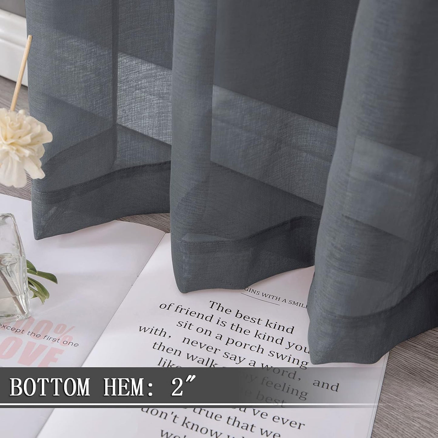 Tollpiz Short Sheer Curtain Linen Textured Bedroom Curtains Sheer Light Filtering Rod Pocket Voile Curtain for Living Room, 54 x 54 inches Long, Dark Grey, Set of 2 Panels