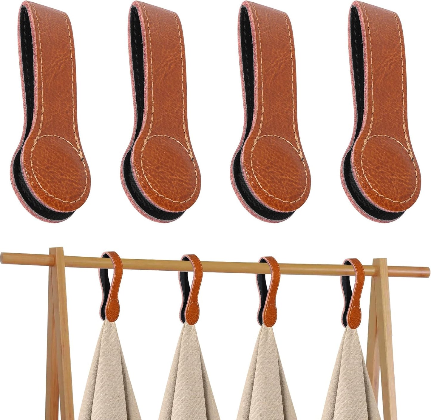 4 PCS Genuine Leather Towel Clips for Kitchen, Magnetic Hand Clips, Towel Holder with Magnet for Rods and Racks, Bathroom Accessory (Light Brown)