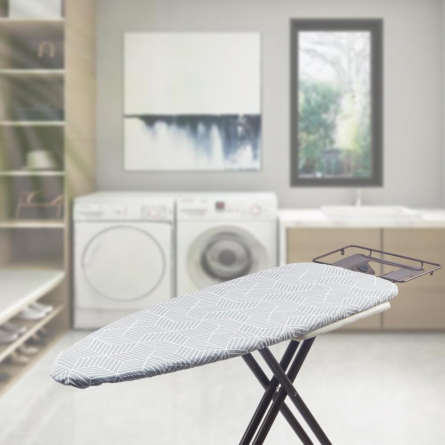 Wide Ironing Board Cover with Padding 18 x 49 inch Heat Reflective with Hook and Loop Fasteners, Thick Padding with Elasticized Edges, 3 Layers Iron Board Cover (Gray Cube)