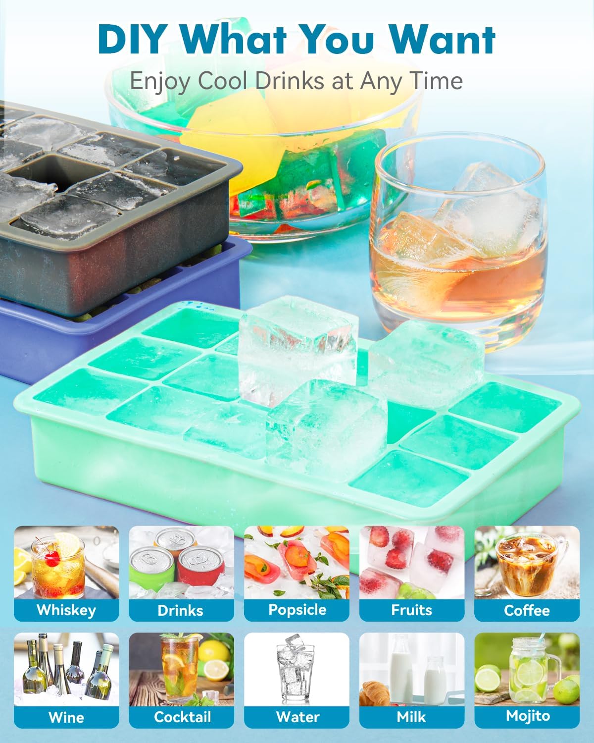 Silicone Ice Cube Trays for Freezer 2 Pack, Easy Release Square Ice Cubes Mold, Best Rubber Ice Cube Tray for Whiskey Cocktail Coffee, Mini Fridge Old Fashioned Silicone Ice Tray
