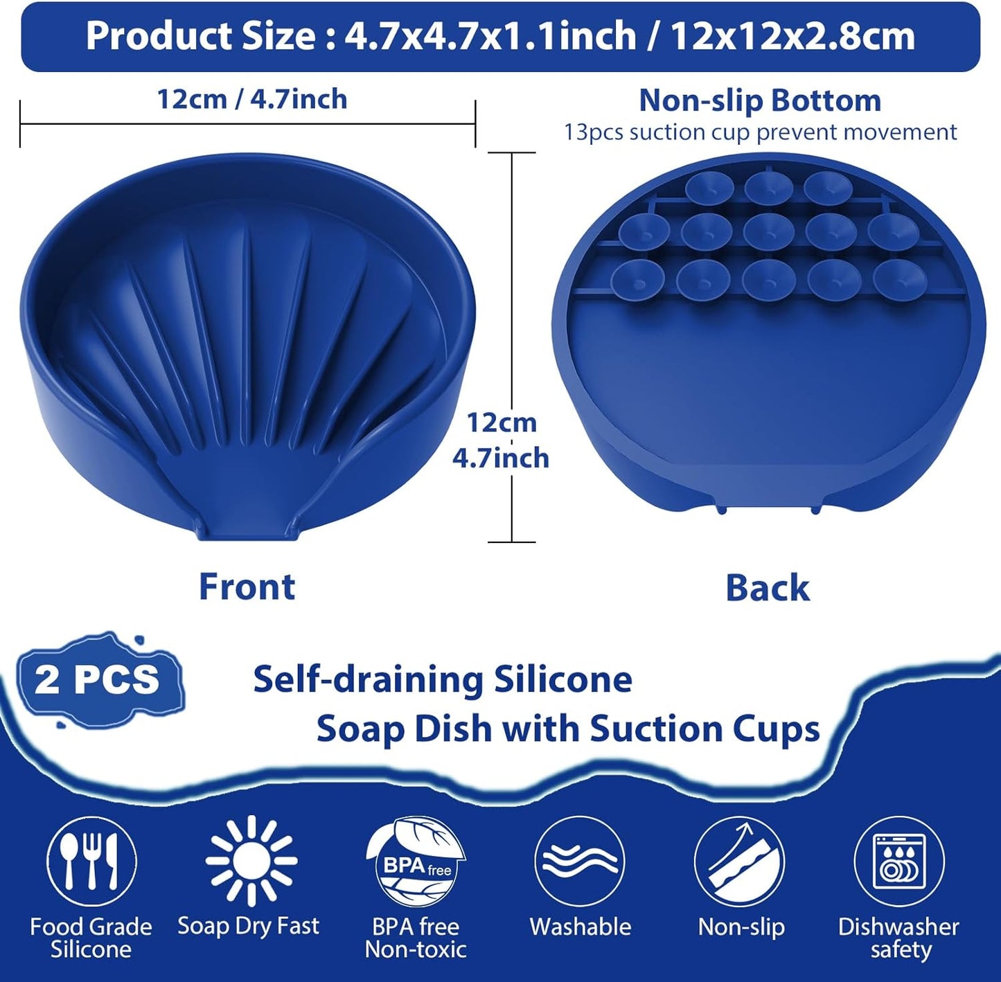 Self Draining Soap Dish, Silicone Suction Cup Soap Holder Tray Savers Container Sponge Holder for Bar Bathroom Shower Kitchen Sink, Can Extend Soap Life (1, Royal Blue)