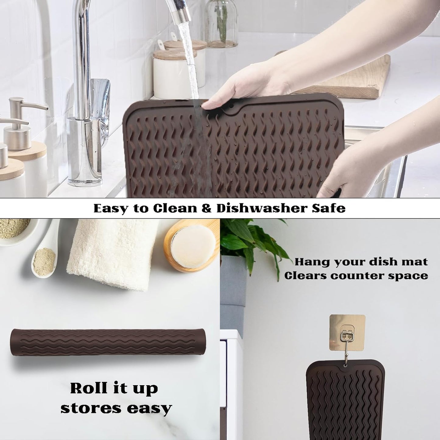 ZLR Silicone Dish Drying Mat for Kitchen Counter, Eco-Friendly Fast Dry Dish Mat, Easy Clean Multi Usage Drying Matt, Heat Resistant Trivet, 12" x 12" Middle, Coffee