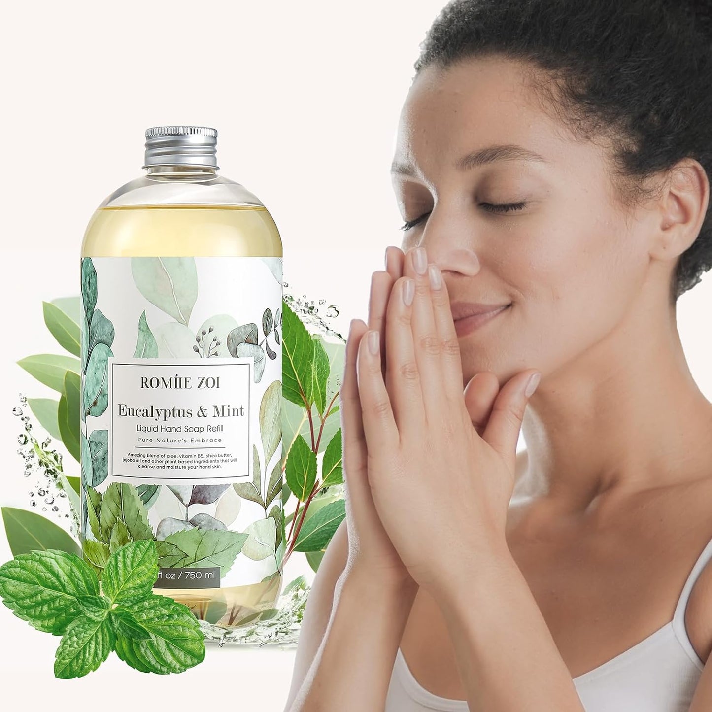 ROMIIE ZOI Eucalyptus & Mint Liquid Hand Soap Refill, Gentle & Moisturizing Formula, Natural Cruelty-Free Soap, Large 750 ML Bottles Bulk for Kitchen, Bathroom, and Dispensers (26 FL OZ, Pack of 3)