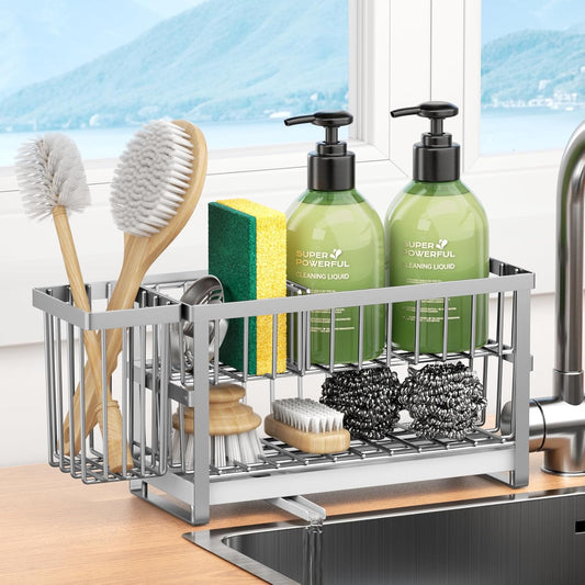 Sponge Holder for Kitchen Sink, 2 Tier Sink Caddy Organizer Countertop with Dish Brush Holder and 360° Drain Tray, Rustproof Stainless Steel Dish Soap Storage Rack Set for Accessories Silver