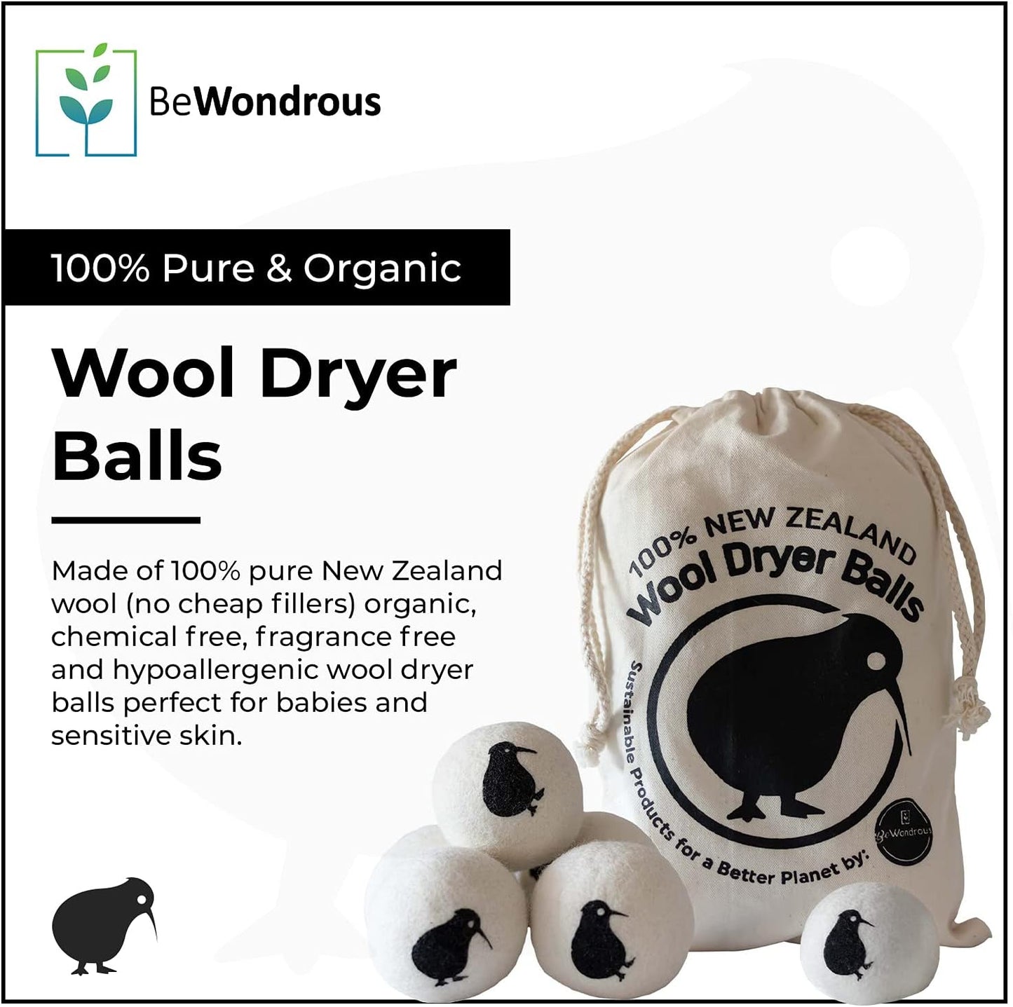 Wool Dryer Balls XL, 100% New Zealand Organic Wool - Reusable Natural Fabric Softener for Laundry, Dryer Sheets Alternative - Prevent Wrinkles and Anti Static (Black, 4-Pack)