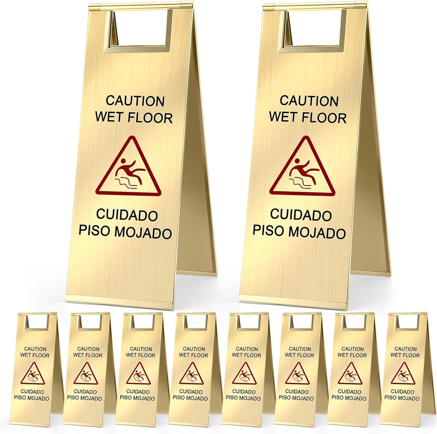 8 Pcs 24 Inch Stainless Steel Wet Floor Sign 8.8 Pound Caution Wet Floor Sign Bulk Double Sided Portable Foldable Bilingual Safety Warning for Kitchen Restaurant Restroom Avoid Fall(Gold)