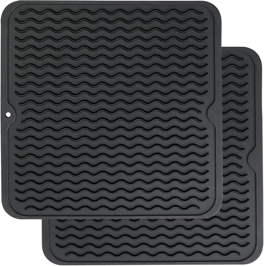ZLR 2 Pcs Silicone Dish Drying Mats for Kitchen Counter, Eco-Friendly Fast Dry Dish Mat, Easy Clean Multi Usage Drying Matt, Heat Resistant Trivet, 12" x 12" Middle, Black