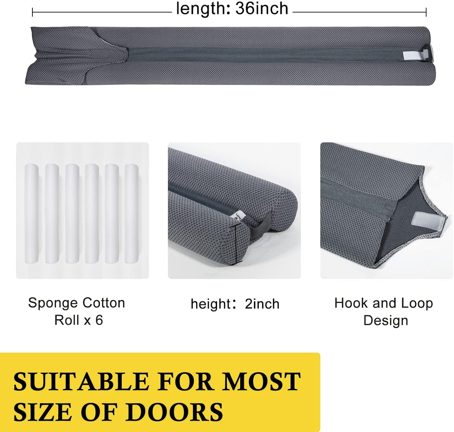 fowong Door Draft Stopper 36 Inch Adjustable Draft Stopper for Bottom of Doors, 30" to 36" Soundproofing Noise Blocker Cover Gap up to 1.5", Grey