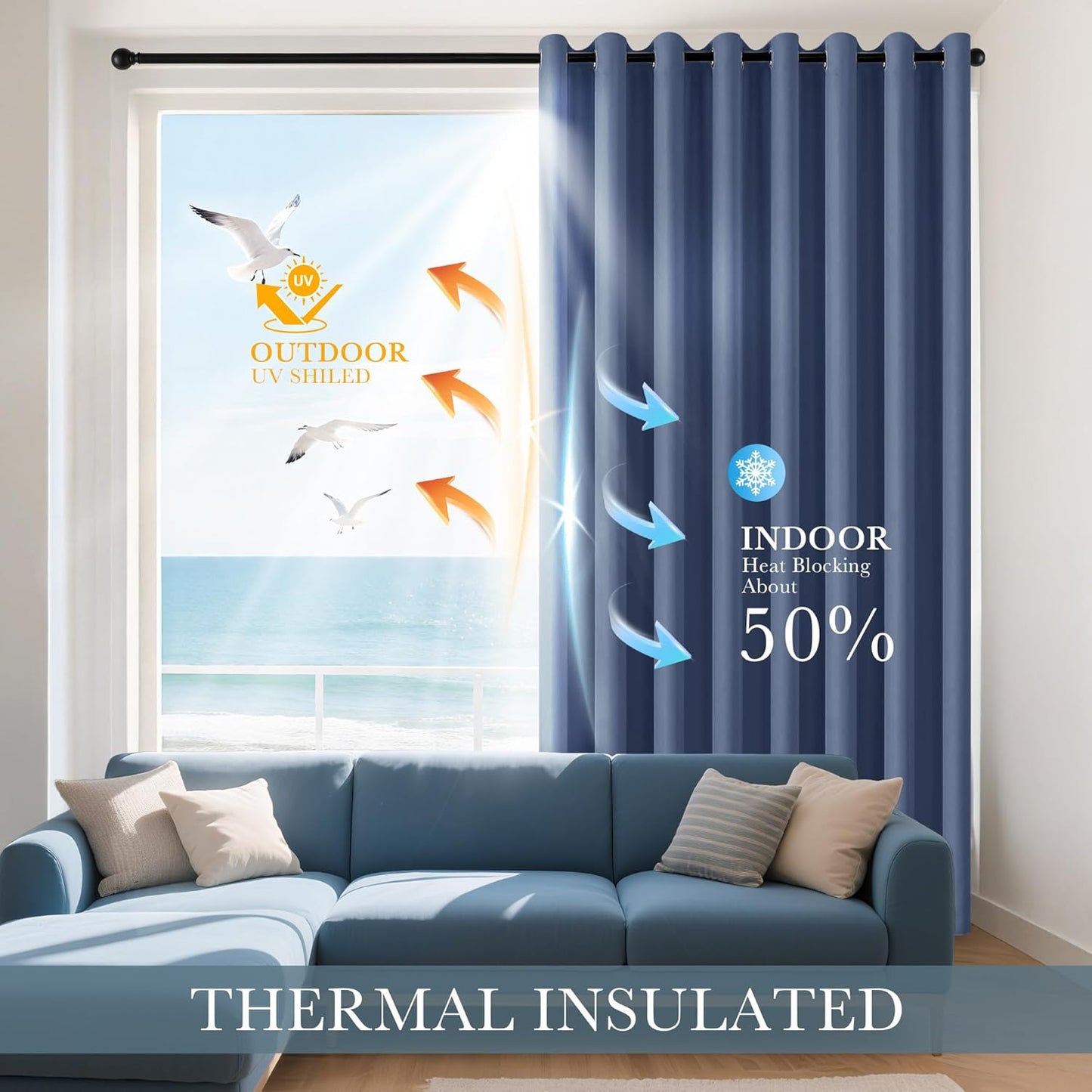 PONY DANCE Stone Blue Blackout Curtains for Living Room 94 Inches Long 2 Panels Set, Room Darkening Thermal Insulated Solid Drapes for Bedroom Cabin Sliding Glass Door, W 55 x L94