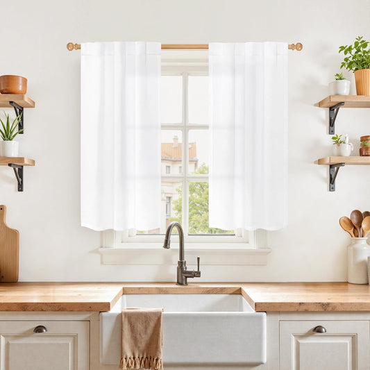 YoungsTex White Linen Curtains for Kitchen Window Over Sink - Small Half Window Drapes Semi Sheer with Back Tab for Front Door Cafe, 2 Panels, 30 X 40 Inch