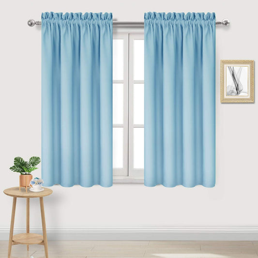 DWCN Blackout Curtains Thermal Insulated Energy Saving Bedroom and Kitchen Curtains Window Treatments, W 38 x L 45 Inch, Set of 2 Light Blue Rod Pocket Drapes