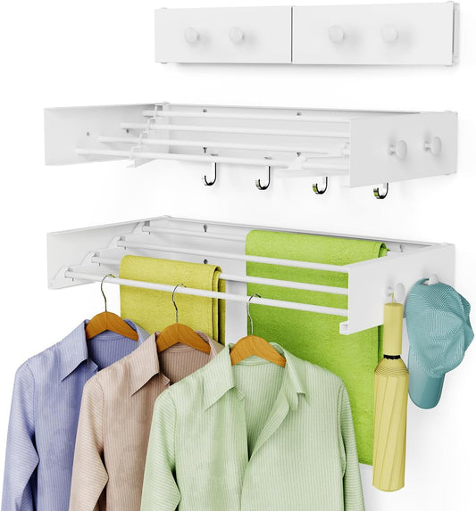 Drying Rack Clothing,Clothes Drying Rack Wall Mounted,Laundry Drying Rack Wall Mount,Foldable,Collapsible,60 lb Capacity 4 Aluminium Poles with 8 Hooks,Space Saving Clothes Drying Rack,White 23.6"