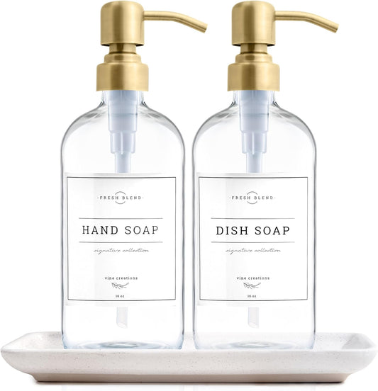 Vine Creations Glass Soap Dispenser, 2 Pack Kitchen Soap Dispenser Set with Ceramic Tray, Stainless Steel Pump, Dish Soap and Hand Soap Dispensers for Bathroom or Kitchen Decor with Waterproof Labels