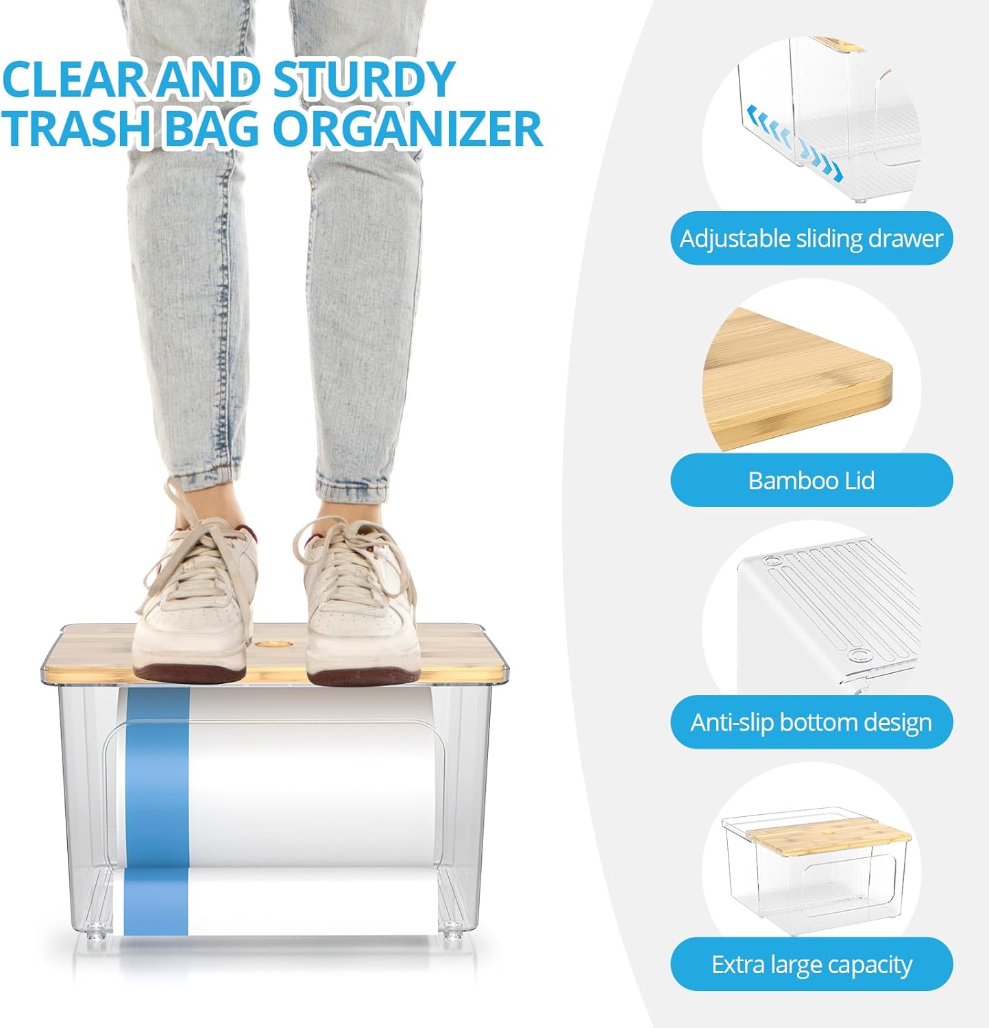 Trash Bag Dispenser Roll Holder - Clear Garbage Bag Holder Dispenser with Bamboo Lid and Sliding Drawer Box, Trash Bag Holder for Kitchen, Under Sink, Laundry Room Organization and Storage