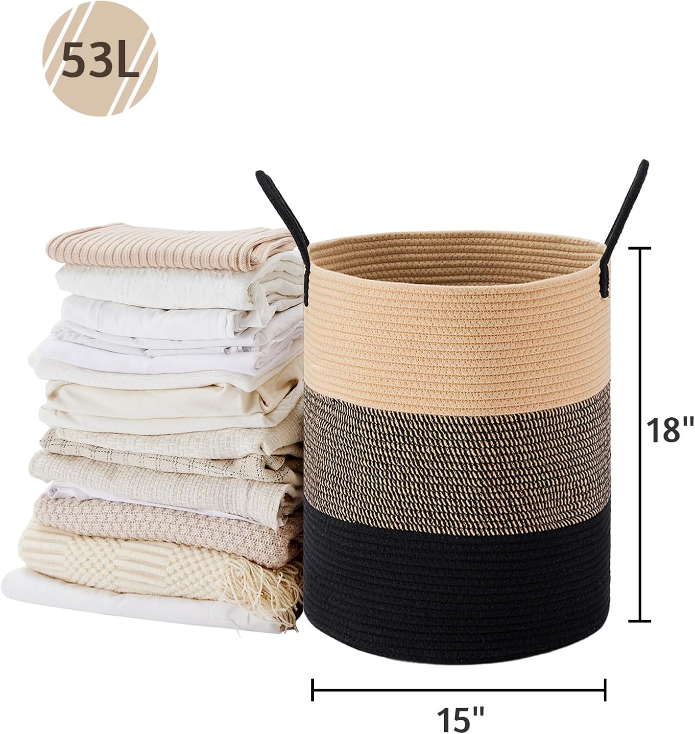 VIPOSCO Large Laundry Hamper, Tall Woven Rope Storage Basket for Blanket, Toys, Dirty Clothes in Living Room, Bathroom, Bedroom - 53L Brown & Black