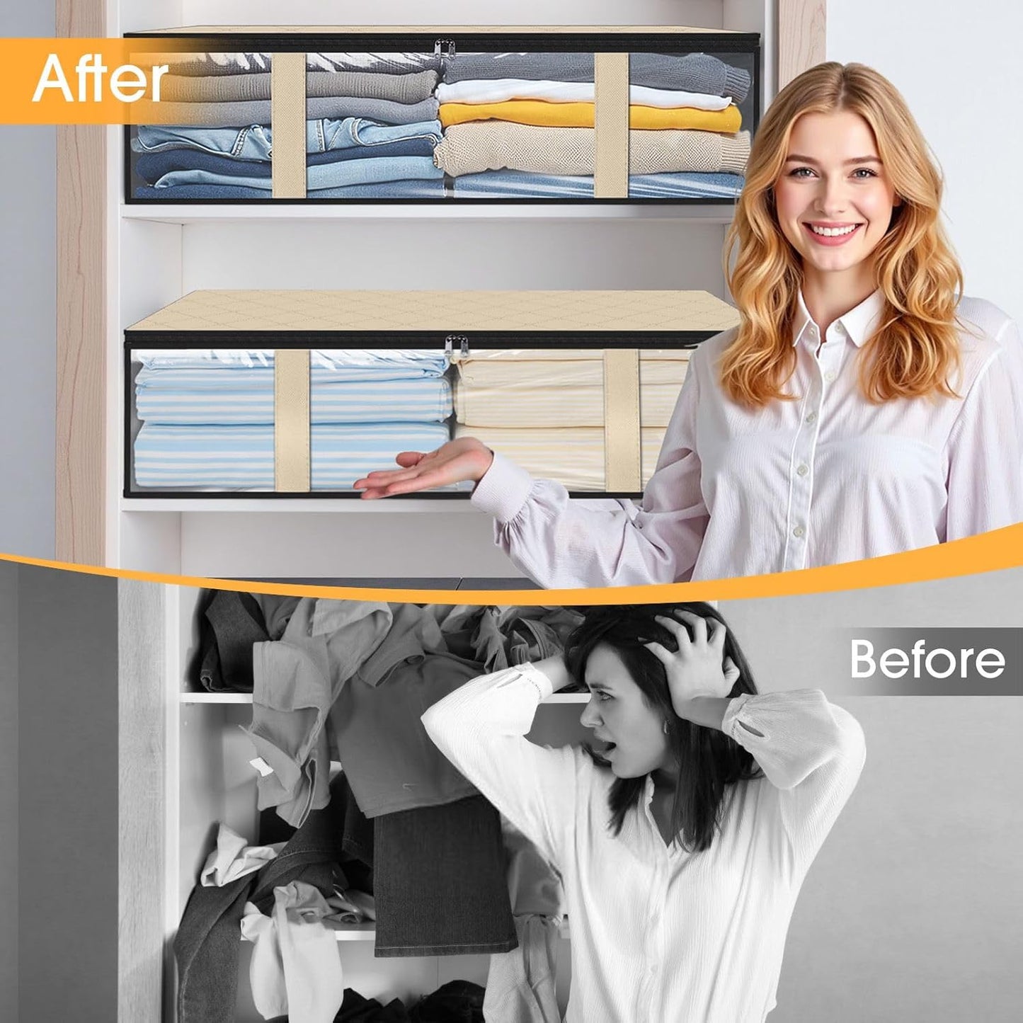 StorageRight Under Bed Storage Bins, 3-Pack 40L Foldable Fabric Storage Bags with Transparent Window, Breathable Organizer for Clothes/Blanket/Comforter/Quilts,Beige