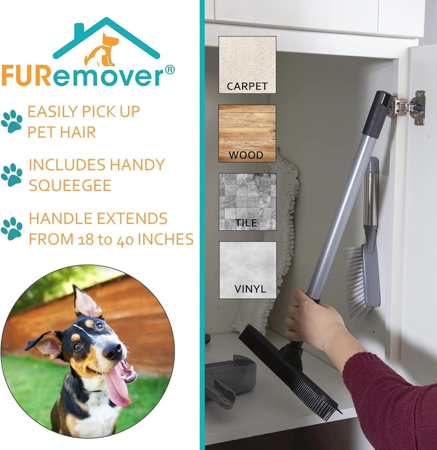FURemover Compact Pet Hair Rubber Broom with Squeegee, with Handle That Telescopes up to 40" for Carpet, Tile and Hardwood