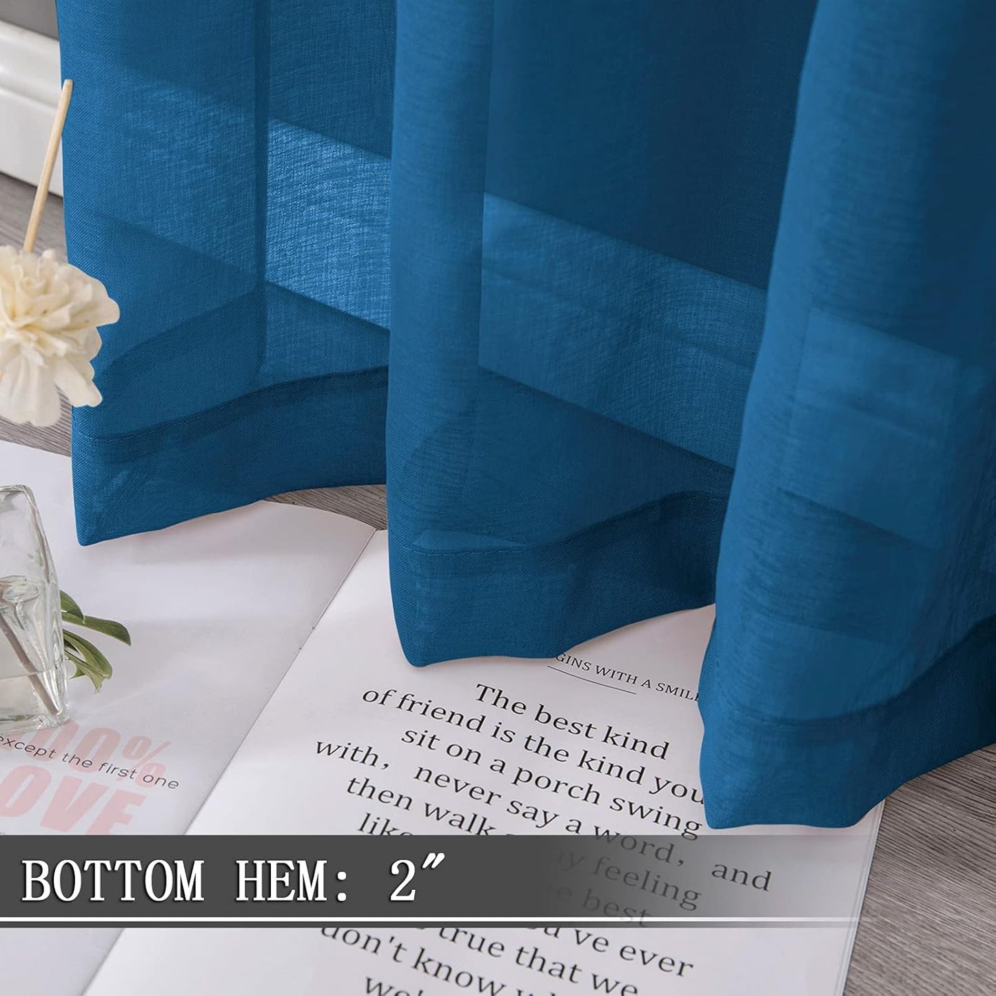 Tollpiz Short Sheer Curtain Living Room Linen Textured Curtains Sheer Light Filtering Voile Rod Pocket Curtain for Bedroom, 38 x 54 inches Long, Classic Blue, Set of 2 Panels