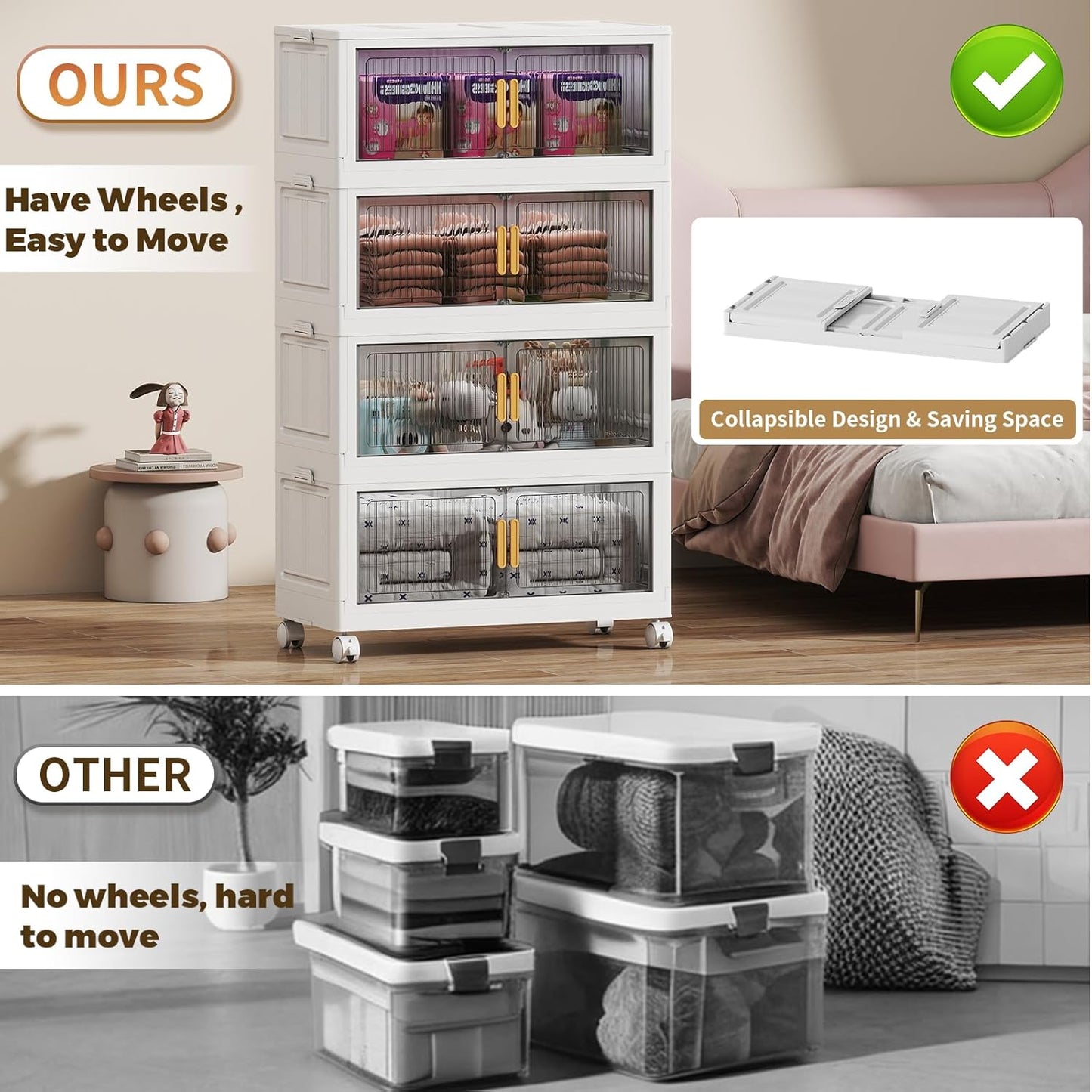 100Gal Stackable Plastic Storage Bins with Lids, Collapsible Closet Organizers and Storage with Wheels for Living Room,Office,Dorm, 30.5" W x 14.6" D x 60" H, 4 Tier