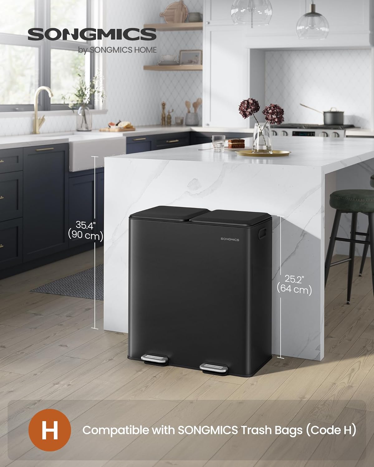 SONGMICS Trash Can, 2 x 8 Gallon (2 x 30 L) Double Garbage Can with Soft-Close Lids, Removable Inner Buckets, Pedals, Stainless Steel, for Waste and Recycling, Ink Black ULTB743B01