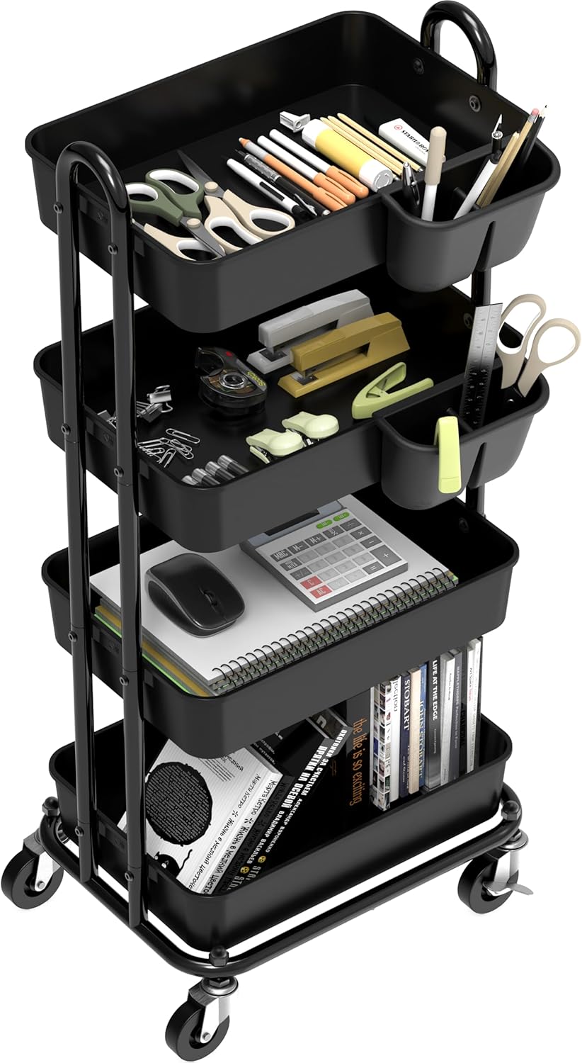Simple Houseware 4-Tier Multifunctional Rolling Utility Cart with Hanging Buckets, Black