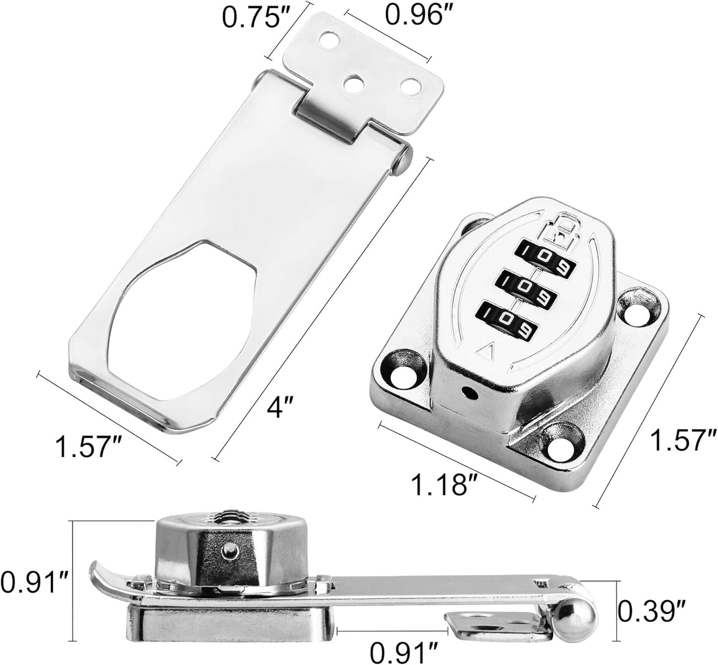 Cozy Tower 4 inch 180 Degrees Hasp Combination Lock for Cabinet, Combo Latch Lock for Cupboard, Drawer, Closet Door, Garage Fence Shed Door (Chrome, 1 Pack)
